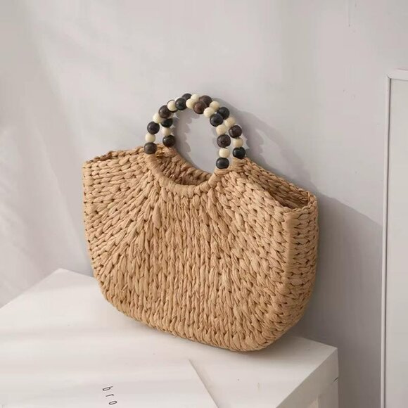 Handmade Woven Straw Bag with Wooden Bead Handles | Vacation Beach Bag| Gift - Picture 9 of 13